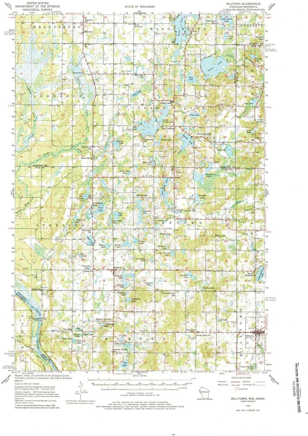 YellowMaps Milltown WI topo map, 1:62500 Scale, 15 X 15 Minute, Historical, 1955, Updated 1983, 22.18 x 18.25 in
