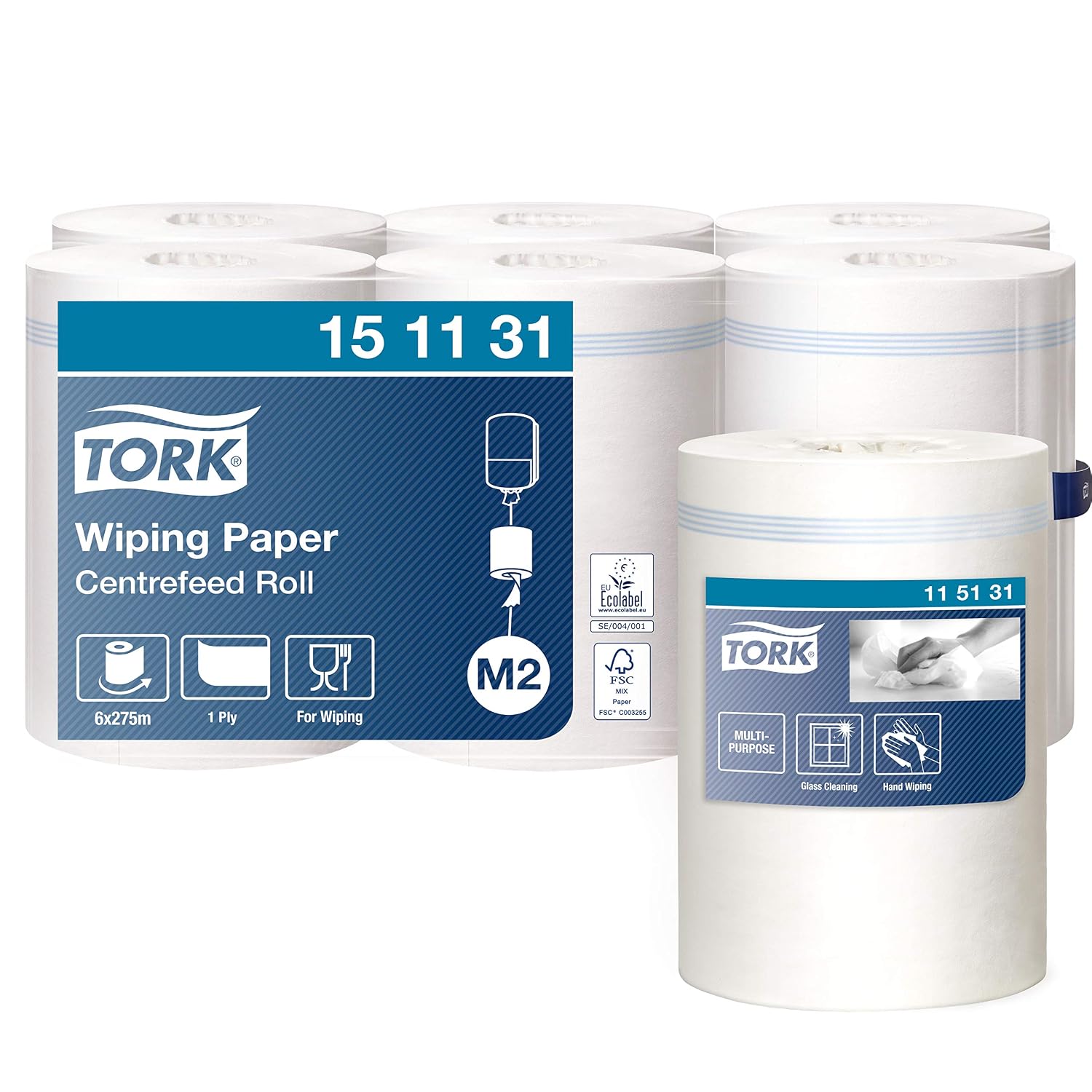 Tork Centrefeed Wiping Paper White M2, Absorbent, 6 Rolls, 151131, 6 x 275m
