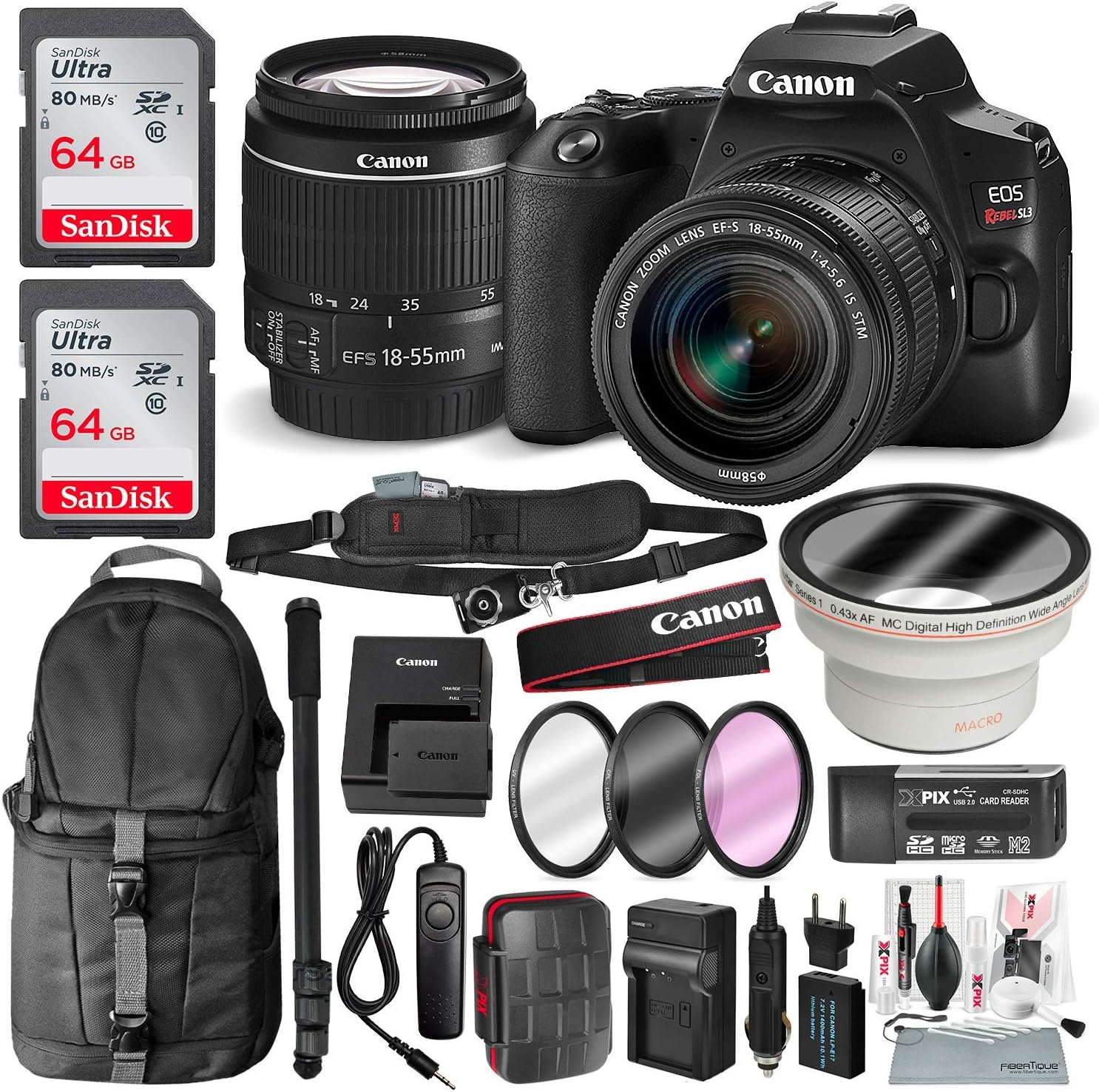 Canon EOS Rebel SL3 DSLR Digital Camera with 1855mm Lens + 64GB + Cases + Battery
