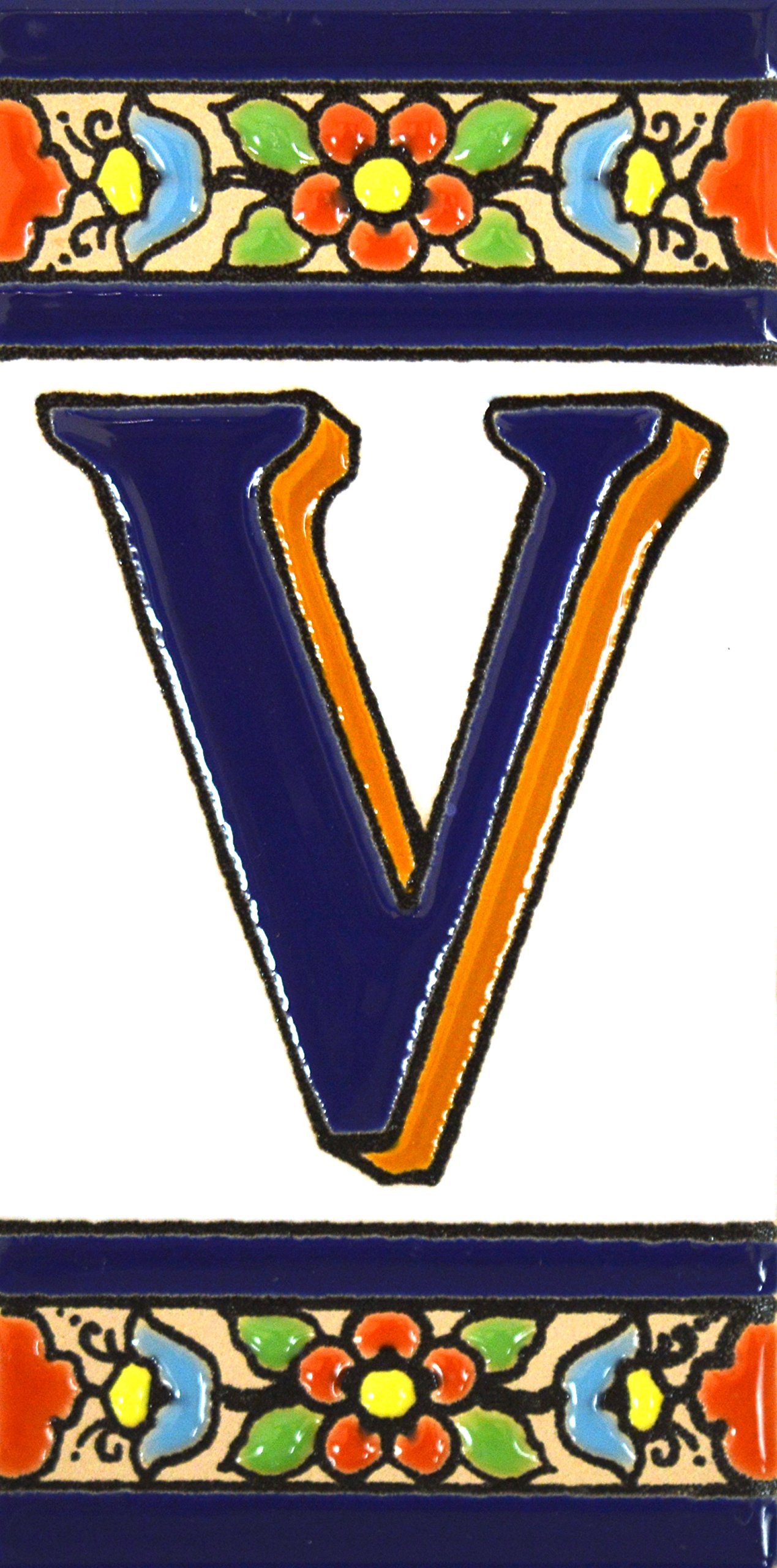 House letters 4 inch. Handpainted house letter tiles for signs, addresses and names. Address numbers for houses. House address numbers and letters. Design FLORES MEDIANO 4,29" x 2,13" (LETTER V)