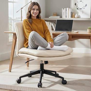 Tabouret Roulant Réglable En Hauteur - Pivotant 360° - Similicuir Beige - Pour Salon, Bureau, Maquillage - 6