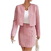 Floerns Women's 2 Piece Outfits Plaid Tweed Blazer Long Sleeve Jacket and Skirt Set