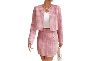 Floerns Women's 2 Piece Outfits Plaid Tweed Blazer Long Sleeve Jacket and Skirt Set