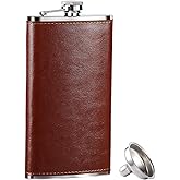 GENNISSY 10oz Whiskey Flask for Men - Stainless Steel Hip Flask with Brown Leather, Leakproof with Funnel & Never Lose Cap, Gift for Men(Groomsmen, Camping, Wedding)