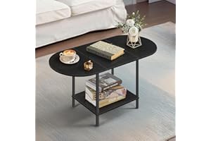 KANEODOT Black Coffee Tables for Living Room,Mid Century Oval Center Table with Storage Shelf and Wood Tabletop,2-Tier Farmho
