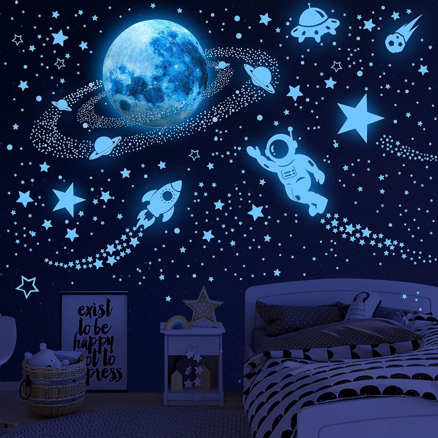 Glow in The Dark Stars and Planet Wall Stickers,Galaxy Astronaut Rocket Spacecraft Alien Decoration,Planet Wall Decals,Bright Solar System Wall Stickers for Kids, lanets Spaceship Stars Blue