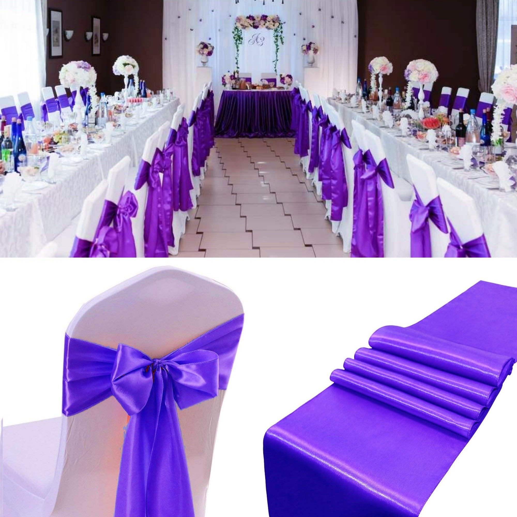 Photo 1 of 100 PCS Satin Chair Sashes Decorative Bow Satin Chair Sashes Ties Back Ribbon Bows Chairs Cover Band for Wedding Birthday Party Ceremony Reception Events Banquet Home Kitchen Decor(7 x108inch,Purple)