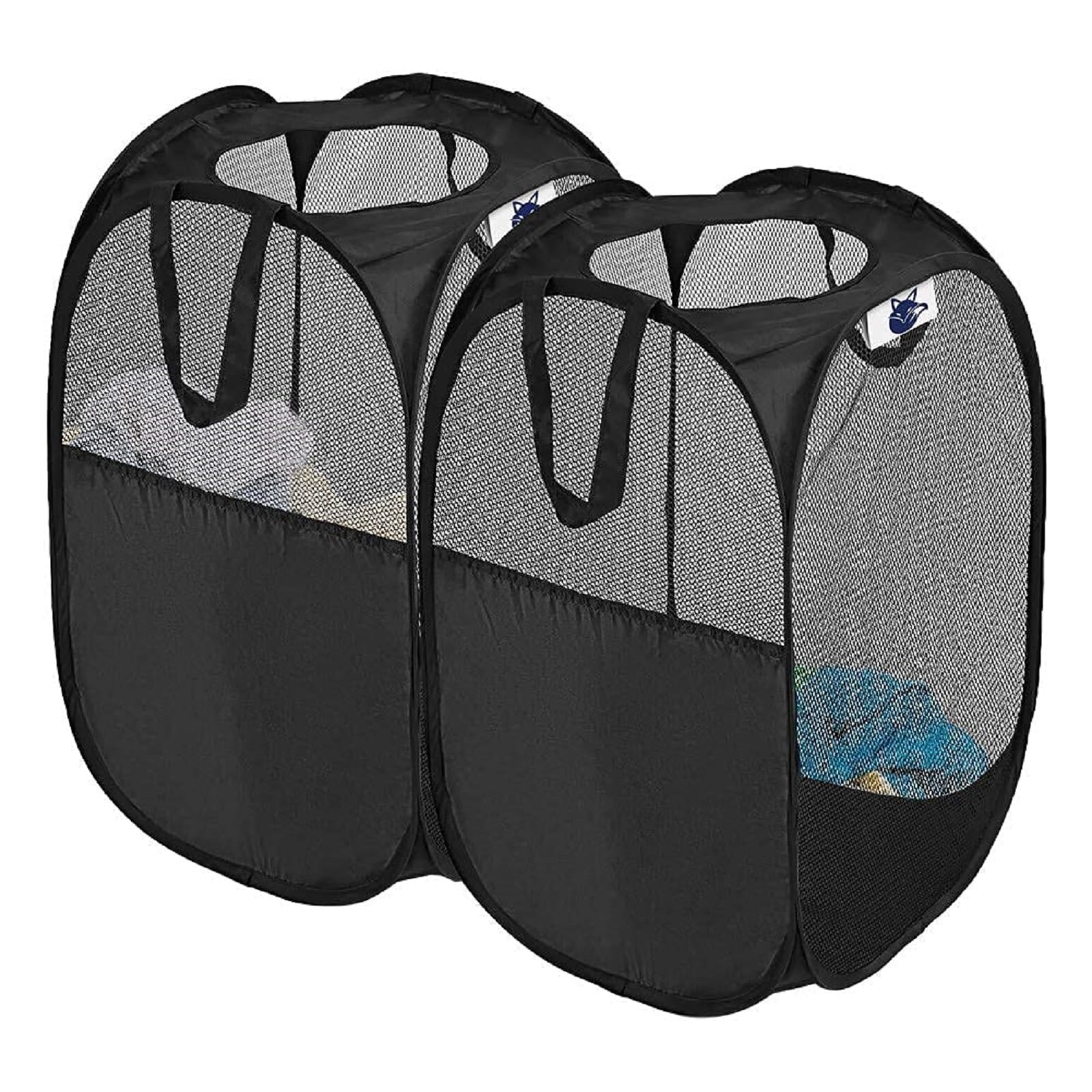 SYVOFOX 2 Pack Mesh Collapsible Laundry Baskets, Pop up Laundry Hamper Bins,Folding Washing Basket with Handles for Clothes Tidy Storage-Black