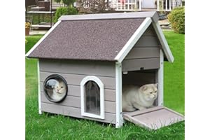 Rockever Outdoor Cat House, Feral Cat House Outdoor Weatherproof with Escape Door and Clear Windows for 2 Cats (Grey