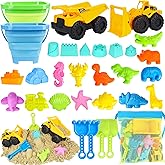 FHOZGECY Beach Toys, Sand Toys for Kids Boys and Girls with 2 Construction Vehicle, 2 Collapsible Bucket, Sand Castle Building Kit, Sand Molds, Mesh Bag, Outdoor Toys for Kids Ages 4-8
