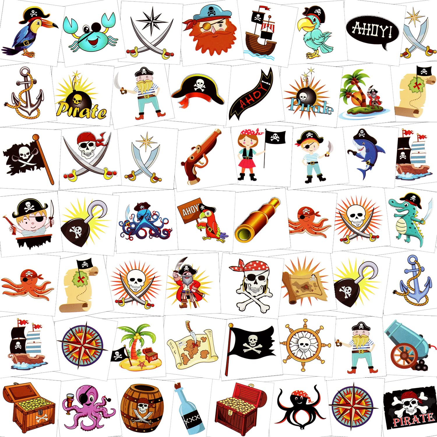 HOWAF Tattoos Temporary Kids, Pirate Tattoo for Kid, 96Pcs Kid Friendly Waterproof Pirate Temporary Tattoo Sticker Fake Tattoos for Boys, Girls, Pirate Birthday Party Decorations Supplies Favors