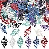 WADORN 120Pcs 6 Colors Rainbow Thin Leaf Filigree Charms, Multi-Color Stainless Steel Leaves Pendants Etched Hollow Leaf Bulk Metal Embellishment for DIY Jewelry Bracelet Necklace Earrings Crafts