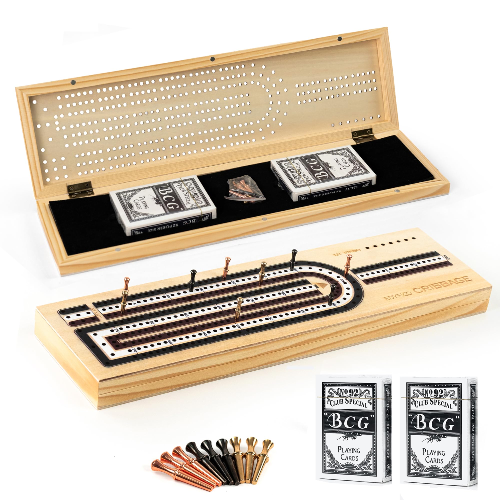 Photo 1 of Cribbage Board Game Set, 3-Track Premium Wooden Cribbage Board with Magnetic Lock & Large Storage, 9 Metal Pegs, 2 Decks of Playing Cards - Classic Board Games for Adults Family (Instruction Include)