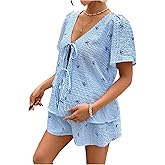 MakeMeChic Women's Boho Maternity 2 Piece Striped Outfits Bow Print Short Sleeve Blouse and Shorts Pregnancy Set