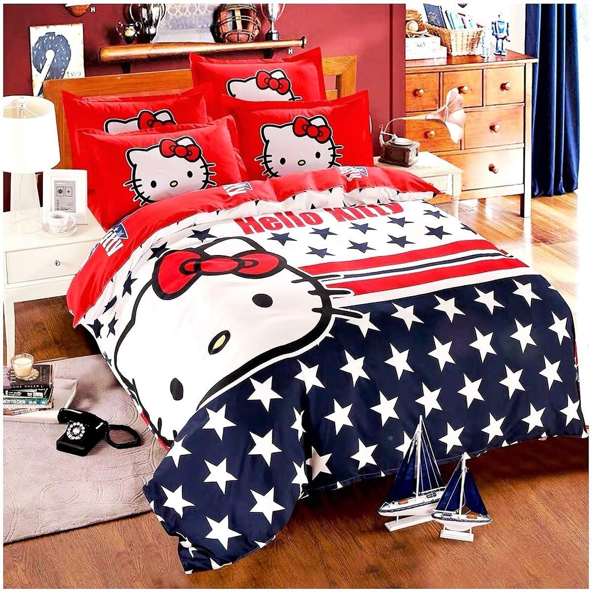 Peachy Baby Featuring Hello Kitty Bedding Set 【Free Express Shipping】 Single Queen Twin Double Size 3 and 4 Pieces Red Blue Cute Cartoon Animate Girly (Single/Twin Size)