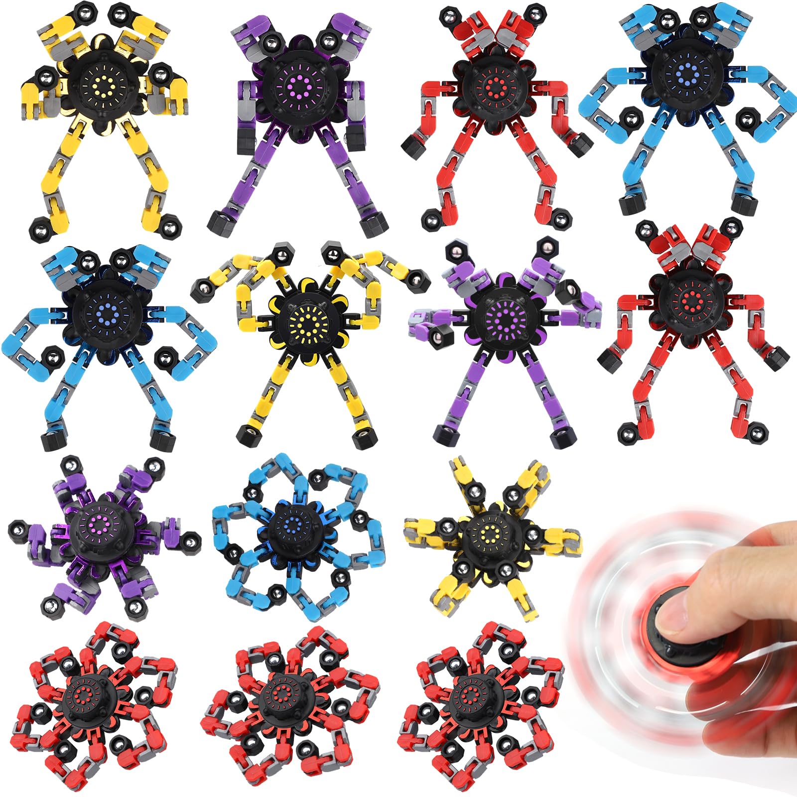 15 Pack Transformer Chain Robot Fidget Spinner Sensory Toy Stocking Stuffer for Kids Adults, DIY Deformation Mechanical Spinners Twister Fingertip Gyro for Stress Relief