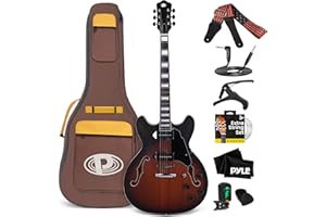 Pyle Semi Hollow Body Electric Guitar Set, 41.8" Full Size Jazz Instrument Kit with Gig Bag and Accessories, Matte Sunburst