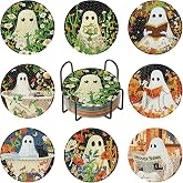 8 Pack Ghost Diamond Art Coasters Kit for Beginners Non-Slip 3.9 inch | Halloween Diamond Painting Coasters Kit with Holder Cork Pads, Diamond Art Kits for Adults Coasters, Gift for Handmade Lovers