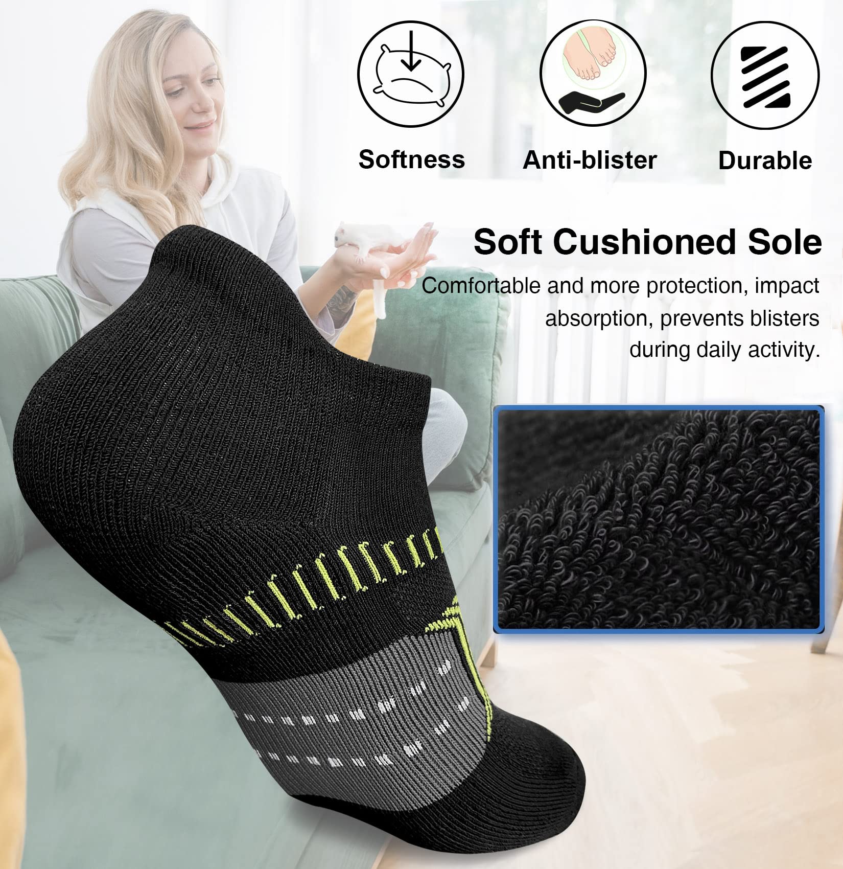 suaskk Womens Athletic Cushioned Anti-Blister Comfort Running Ankle Socks 5 Pairs