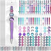 Cholemy 24 Sets Assorted Plastic Beadable Pens Multicolor Bubblegum Crystal Spacer Beads Black Ink Ballpoint DIY Bead Pen Set for Women Office Gifts(Stylish)