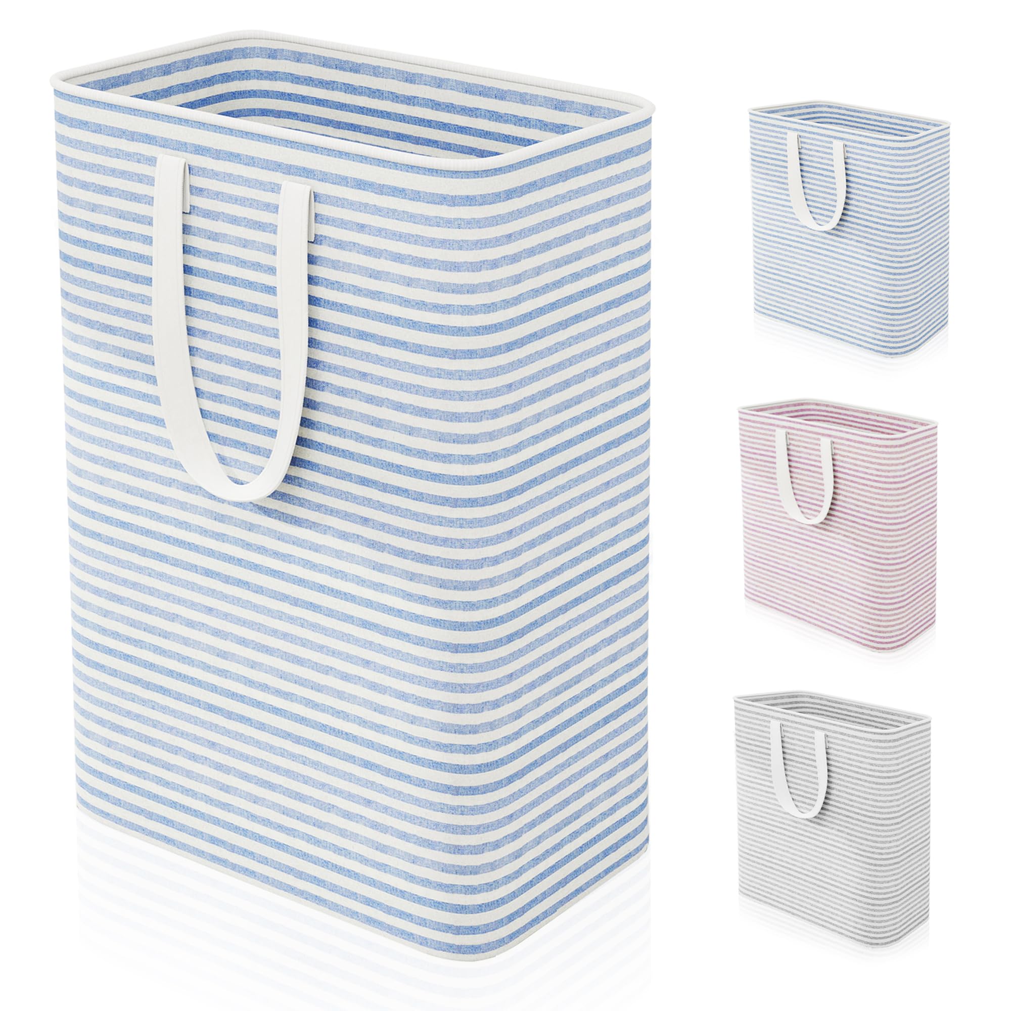 Caroeas 80L Laundry Bin, Collapsible Laundry Basket for Easy Storage, Freestanding Washing Baskets for Dirty Clothes with Reinforced Long Handles, Waterproof Slim Laundry Hamper for Baby, Blue