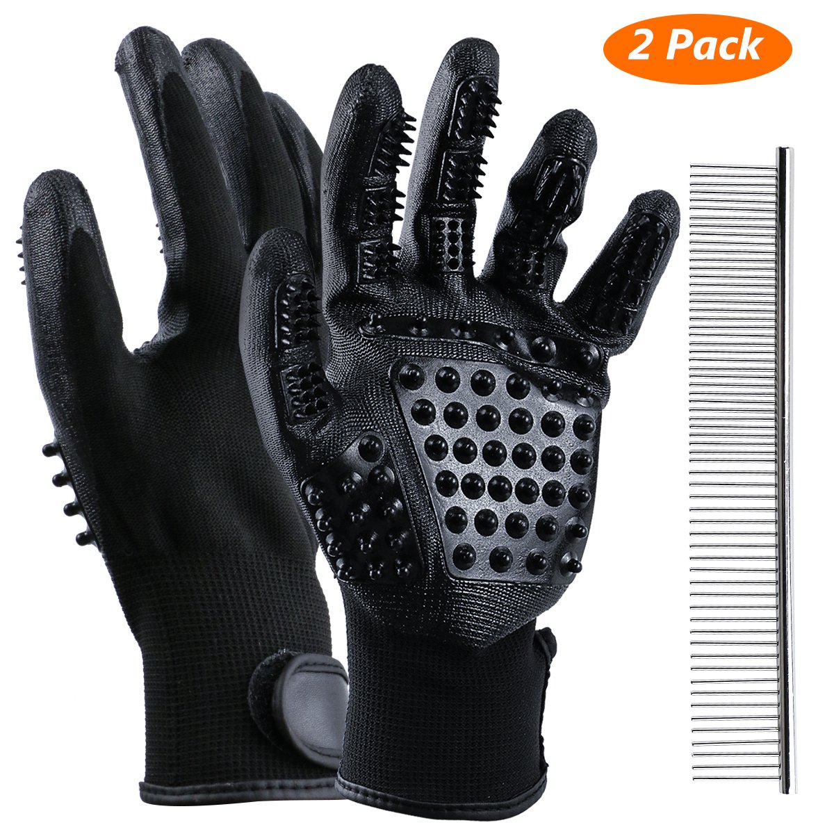 Guantes Masaje para Mascotas con Peine de acero, Mejorado Diseño de 5 Dedos Limpieza de Mascotas , Pet Grooming Gloves Funciona con Cabello Largo y Corto para Mascotas con Pelo Largo y Corto,perros, gatos, conejo,caballos
