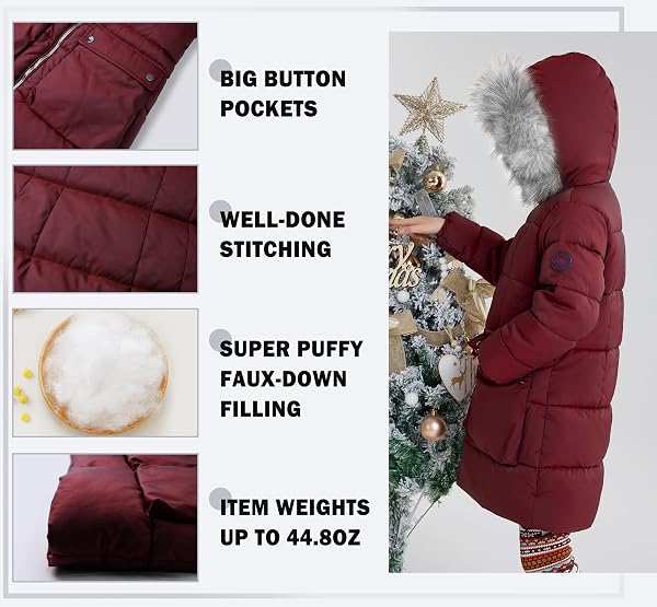 MAOO GARDEN GIRLS PUFFER WINTER COAT FAUX-DOWN HEAVYWEIGHT SNOW PARKA FUZZY FUR LINING HOOD WATER-RESISTANT LONG JACKET WINE 10Y