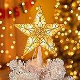 Brightown Christmas Tree Topper Star Lighted Gold 3D Hollow Glitter Sequin Built-in 10 Bulbs Golden Christmas Tree Star Topper Lighted Plug in Vintage Indoor Xmas Decorations Holiday Decor White Base