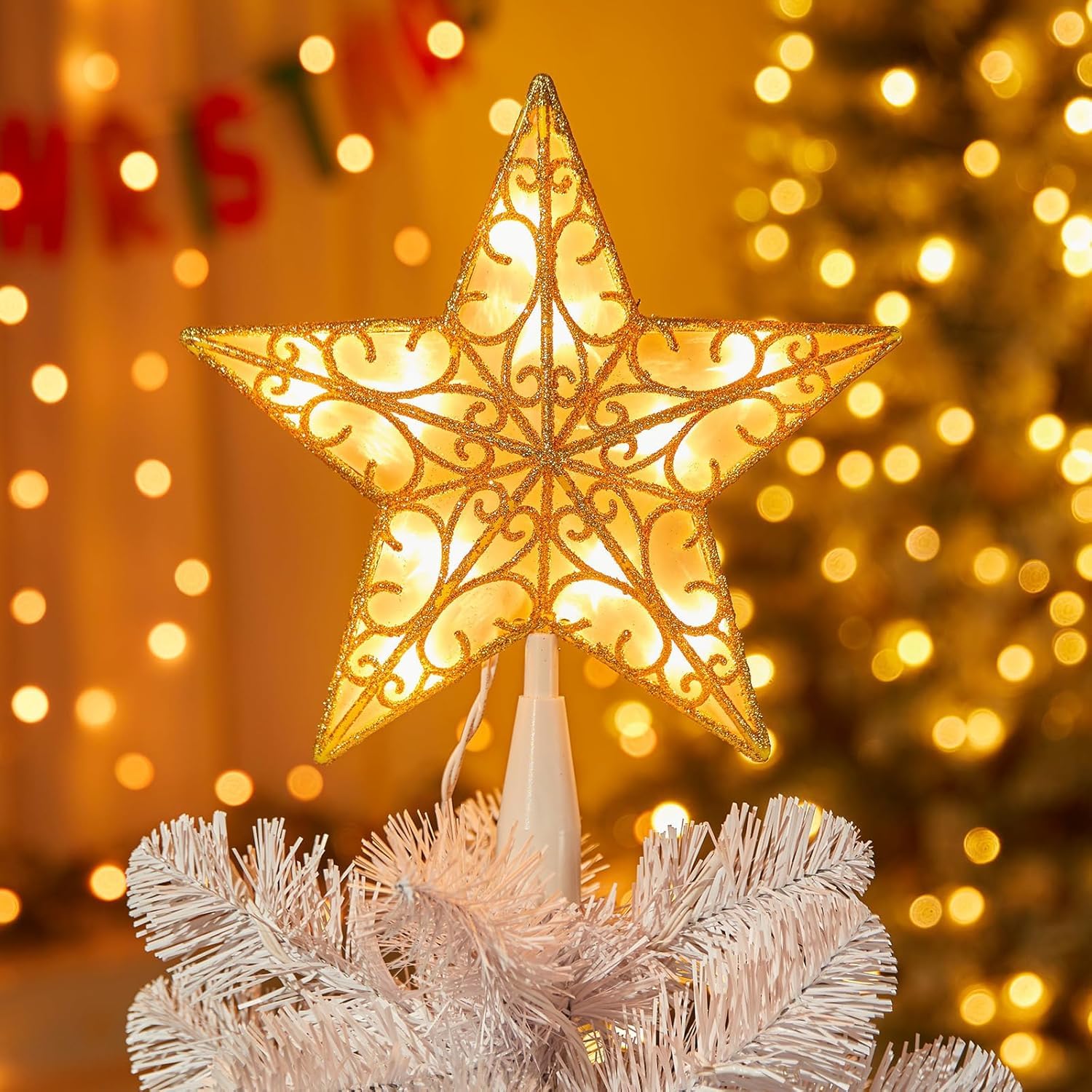 Photo 1 of Brightown Christmas Tree Topper Star Lighted Gold 3D Hollow Glitter Sequin Built-in 10 Bulbs Golden Christmas Tree Star Topper Lighted Plug in Vintage Indoor Xmas Decorations Holiday Decor White Base
