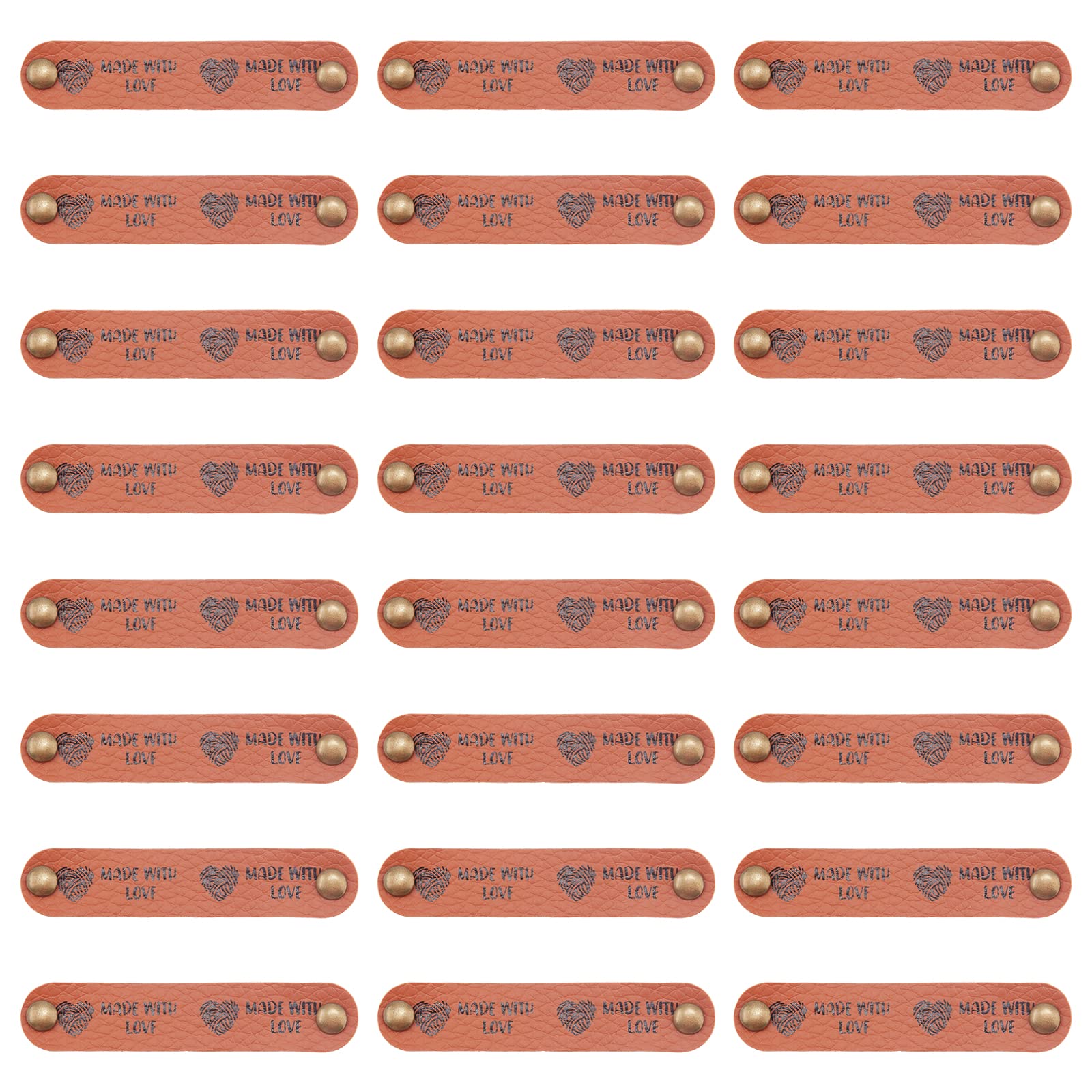 FINGERINSPIRE 24 Sets Hand Made Embossed Tag PU Leather Label with Heart Pattern & 2 Rivet 12x65mm Brown Leather Tags Button Oval Made with Love Tags for Jeans Bags Shoes Hat DIY Crafts