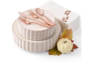By Madee: HEAVYWEIGHT 175 Pc Thanksgiving Plates Disposable Dinnerware Set | Ivory Scalloped Plastic Plates Rose Gold Trim | Elegant High End Disposable Plates, Cutlery, Fall Leaf Napkins (25 Guests)