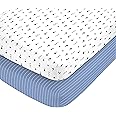 Carter's 100% Cotton Sateen 2 Piece Fitted Crib Sheets, Sports and Blue with White Stripe, Navy/Red/Blue/White