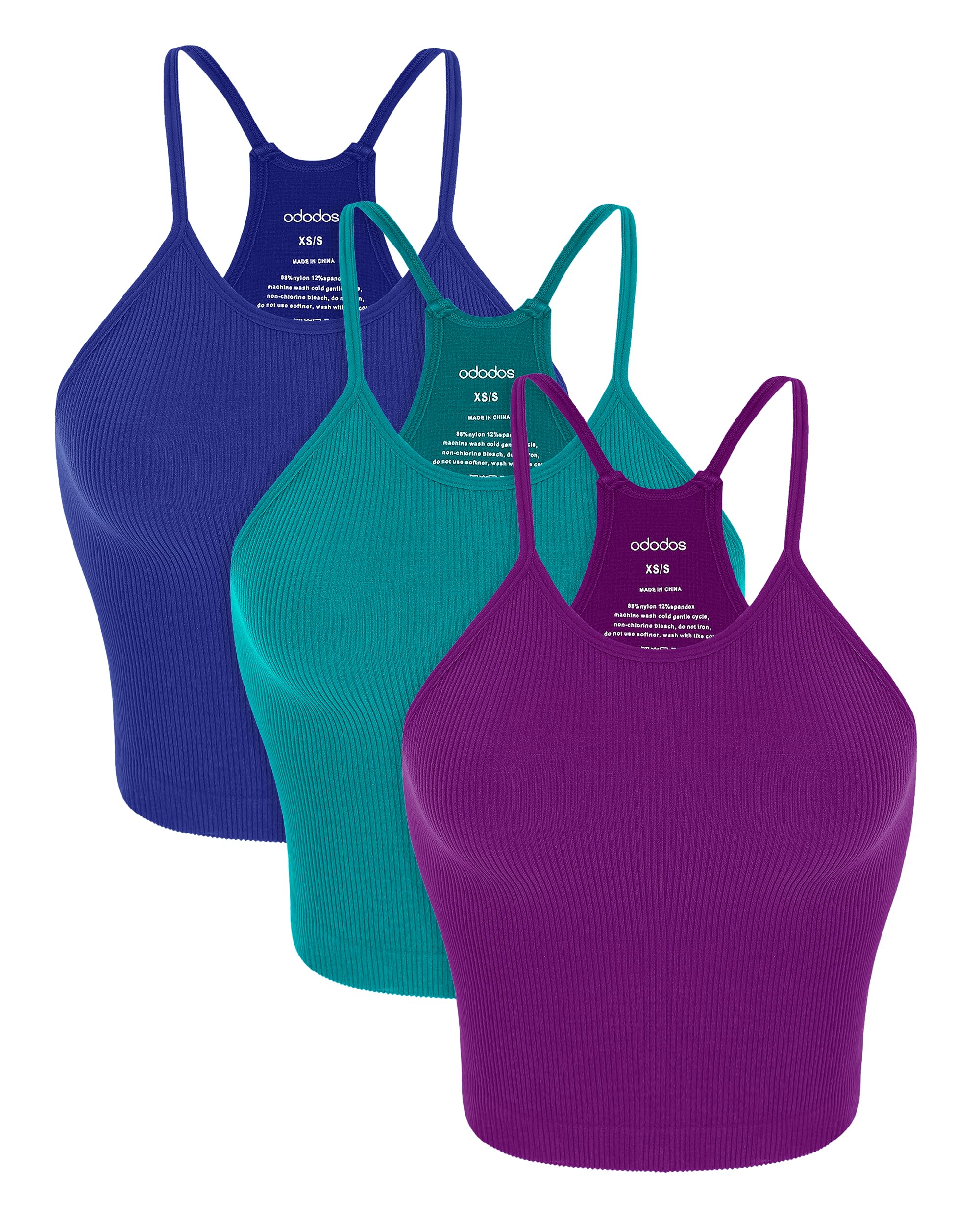 Photo 1 of *Missing Purple* ODODOS Women's 3-Pack Seamless Cami Tops Ribbed Camisole Tank Top, Phlox+Sea Green+Lapis, X-Small/Small