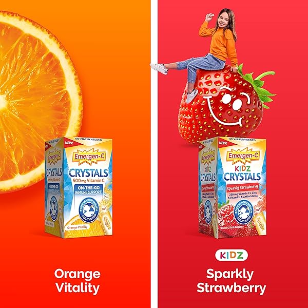 EMERGEN-C KIDZ CRYSTALS, ON-THE-GO EMERGEN-C IMMUNE SUPPORT SUPPLEMENT WITH VITAMIN C, B VITAMINS, ZINC AND MANGANESE, SPARKLY STRAWBERRY, STOCKING STUFFER – 56 STICK PACKS
