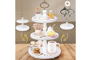 Canadian Small Business [3-in-1] Wooden Tiered Tray Stand [with 3 Handles] - Beaded 3 Tiered Tray Decor Wood Cupcake Stand, F