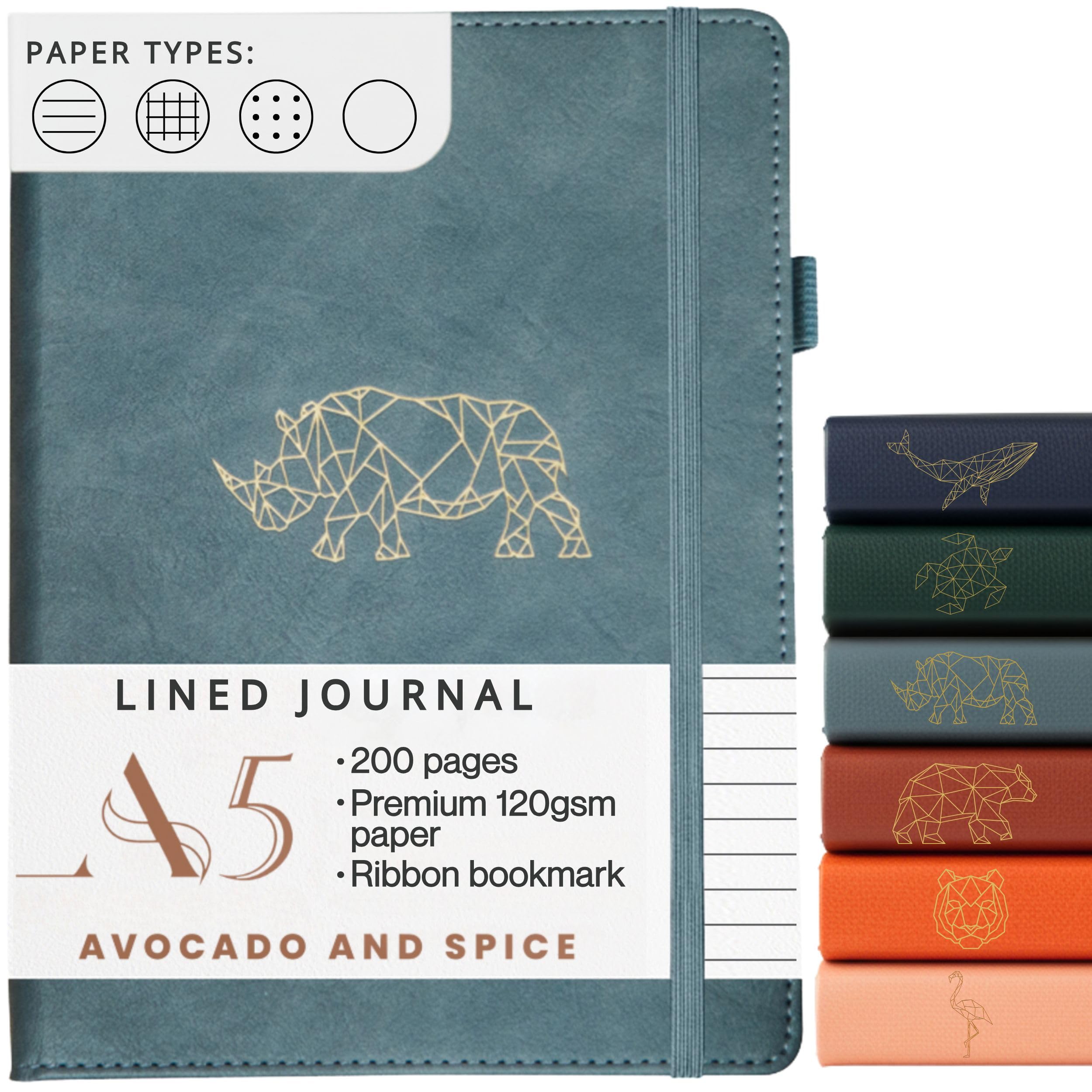Notebook A5 Lined by Avocado and Spice® - Hardback A5 Journal Notebook - Faux Leather Notepad - Bookmark, Elastic Strap, Pen Holder, 200 Thick Pages (Grey, Lined)