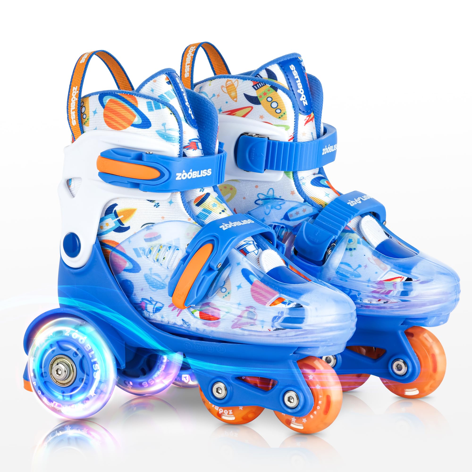 Photo 1 of Kids Roller Skates for Beginners - ZOOBLISS Toddler Roller Skates for Boys Ages 3-7 with Light-Up Wheels & 4 Adjustable Sizes, Tri-Wheel Training Skates for Kids (Space Blue)