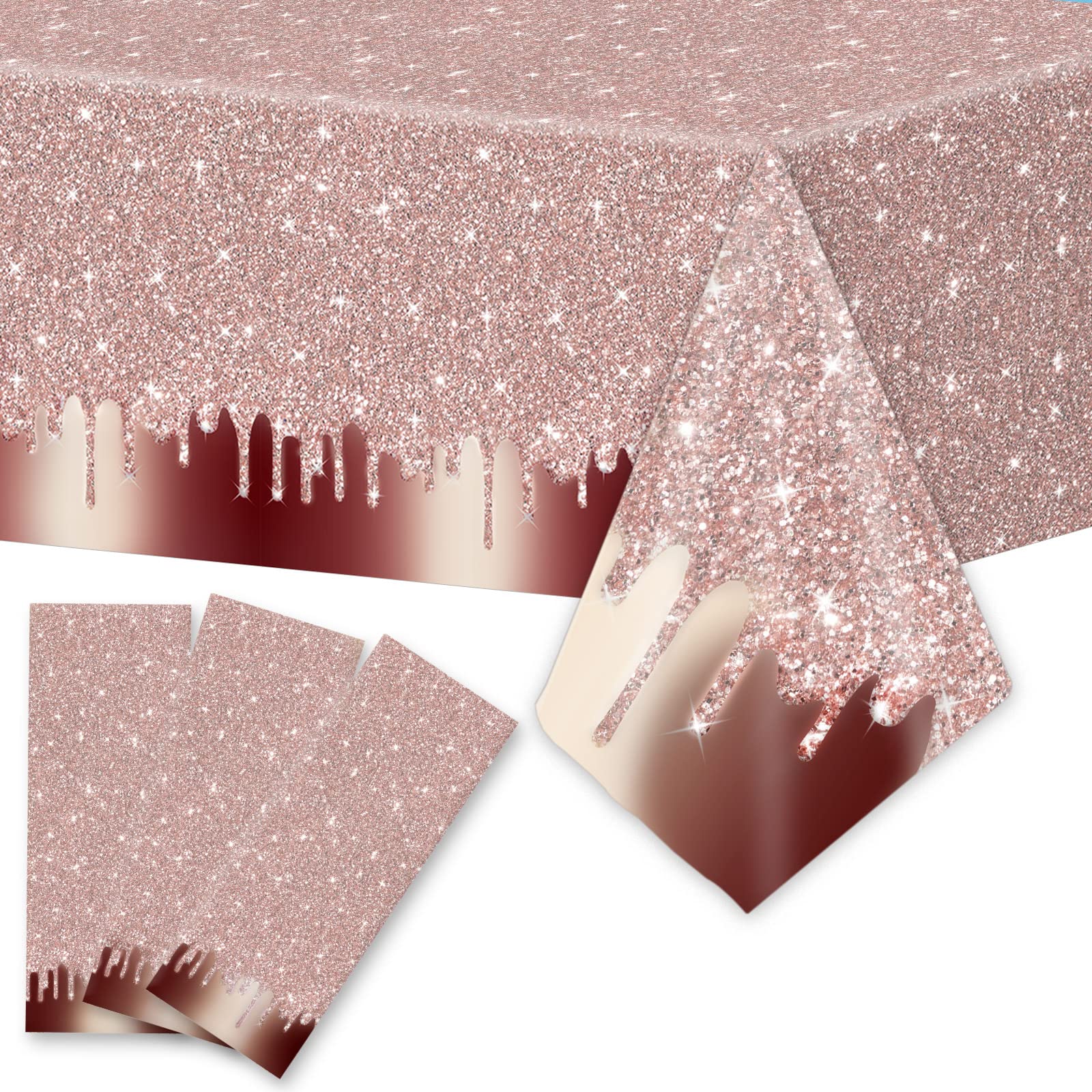 Photo 1 of 3pcs Pink Rose Gold Birthday Party Tablecloths Rose Gold Sequin Printed Plastic Table Cover Glitter Diamonds Happy Birthday Background for Girl Wedding Graduation Anniversary Indoor Outdoor?Plastic?