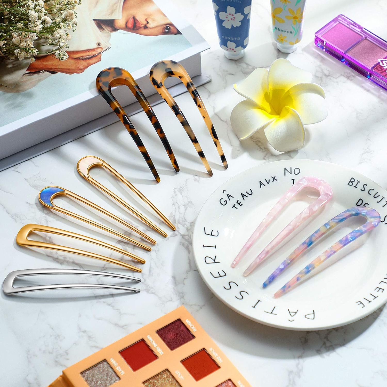 8 Pieces U-Shaped Hairpin with 2 Prongs Vintage Hair Pin Fork Sticks Tortoise Shell U Shape Hair Clips Bun Hair Pins Clips for Women Hair Styling Accessories (Light Purple, Blue Purple Tortoise Shell) : Beauty