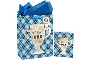 WRAPAHOLIC 13" Large Father's Day Gift Bag with Card and Tissue Paper - Champion Cup and Gold Foil “the Best DAD” Lettering Design for Birthday Congratulation Party