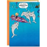 Hallmark Shoebox Funny Shark Birthday Card (Sharkuterie Board) | For Friends, Coworkers, And Surfers, Cartoon Surfer on Pink Surfboard with Sharks and Fish, Cardstock Construction