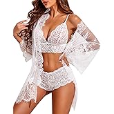 Avidlove Women Sexy Lingerie Set 3 Piece Bra and Panty Sets with Lace Kimono Robe Sleepwear Mesh Nightgown