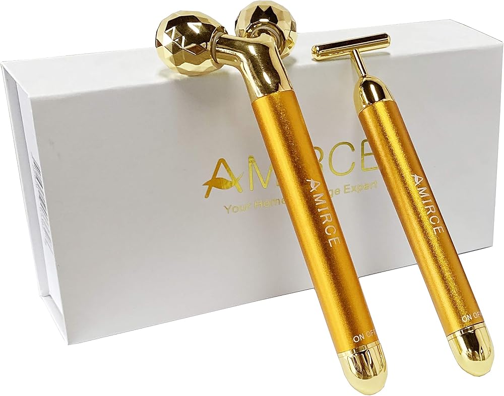 Amirce Face Massager Facial Roller Kit | Electric, Golden 3D V Type Facial Roller and T Shape Massager with Gentle Vibration,