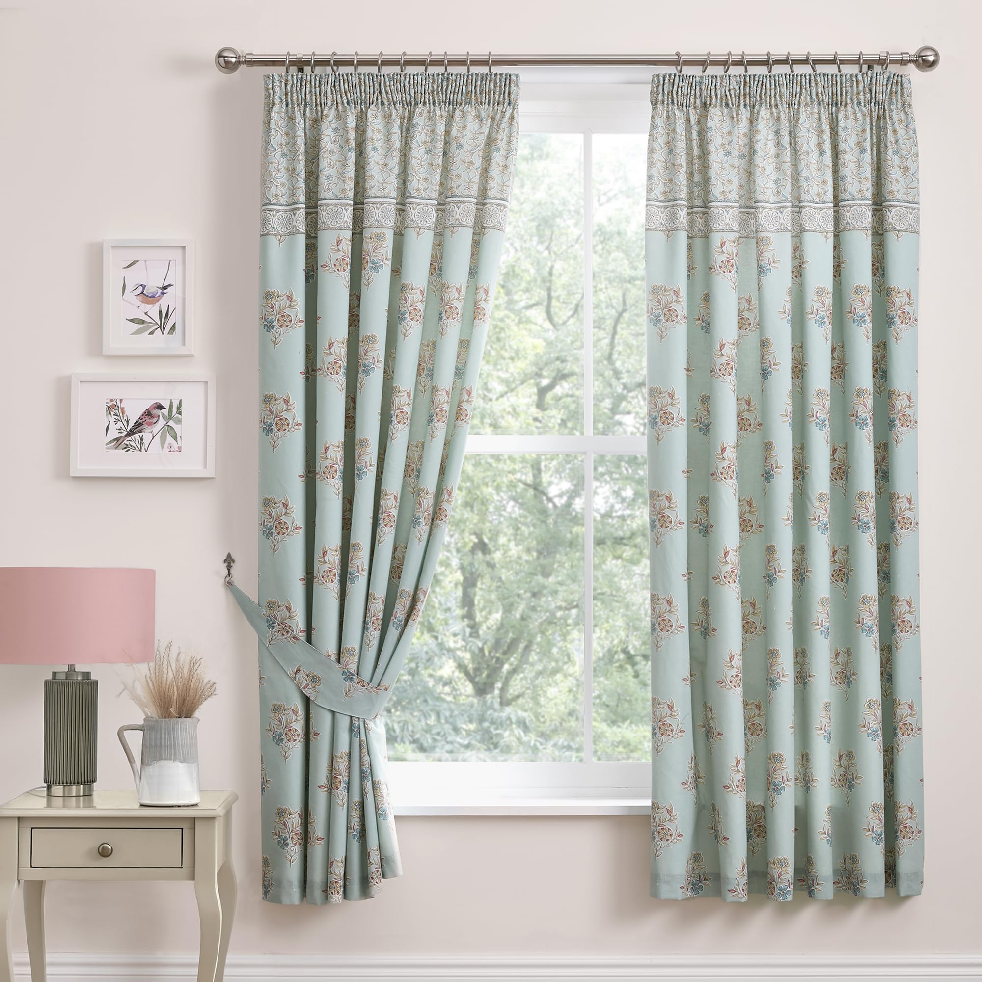 Dreams & Drapes - Duck Egg Damask Floral Curtains (W66 x L72) - Pencil Pleat - Tie Backs - Baroque Vintage