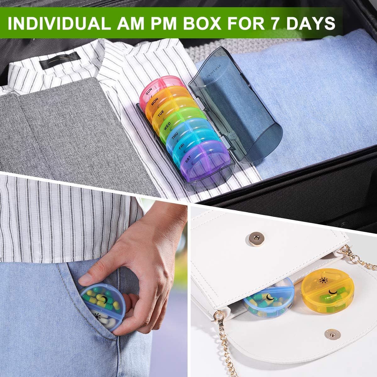 Weekly Pill Organizer 7 Day 2 Times a Day, Sukuos Large Daily Pill Cases for Pills/Vitamin/Fish Oil/Supplements - Rainbow Colors (Black Box): Health & Personal Care