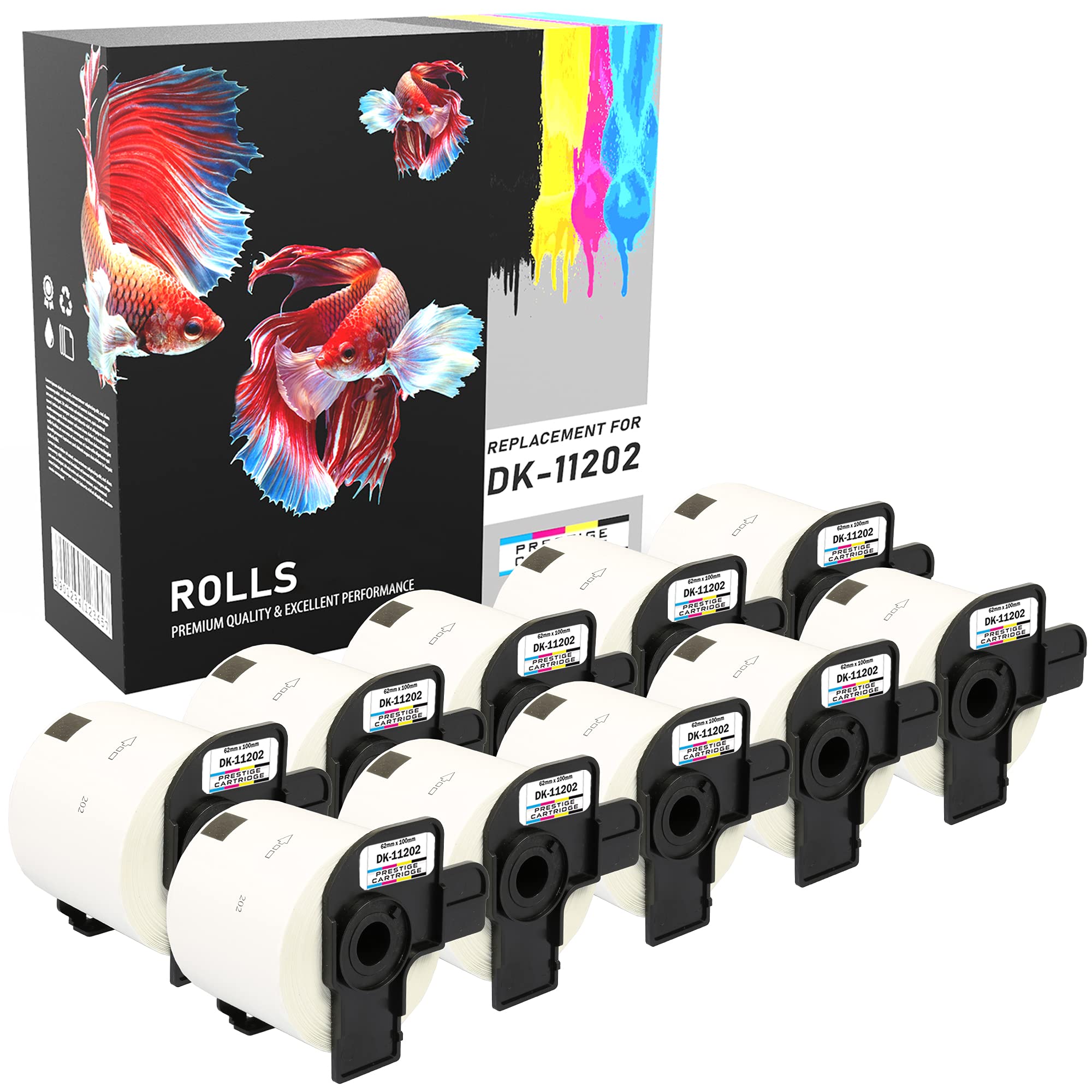 PRESTIGE CARTRIDGE Compatible with DK11202 White Address Labels (300 Labels per Roll) for Brother QL-500, QL-550, QL-560, QL-570, QL-580N, QL-650TD, QL-700, QL-720NW, QL-1050, QL-1060N Label Printers (62mm x 100mm), Ten DK-11202