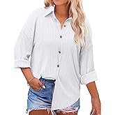IN'VOLAND Womens Plus Size Button Down Shirt Casual Long Sleeve V Neck Collared Work Blouses Summer Wrinkled Tops