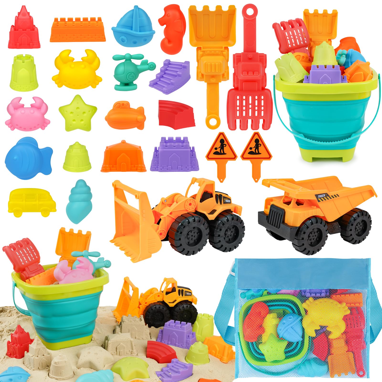 YIMORE Beach Sand Toys Kids Toddlers, 26 PCS Sand Pit Toys with Collapsible Bucket and Spade Beach Set Kids Digger Construction Toys Mesh Bag for Boys Girls
