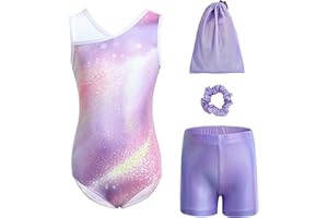 Tstiti Gymnastics Leotards for Girls 4-Piece Outfit with Storage Bag Scrunchie & Shorts Set for Toddler/Kids 3-12 Years