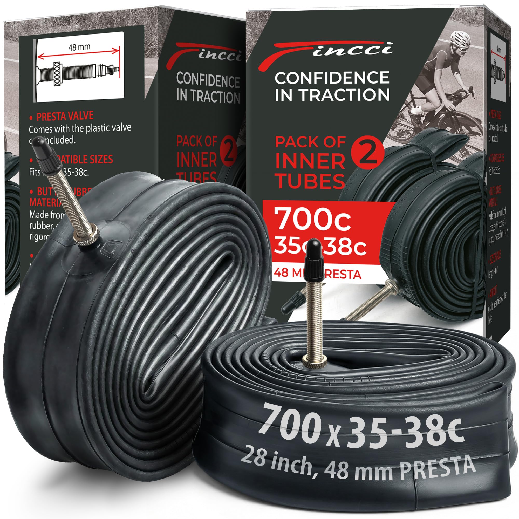 Fincci Bike Inner Tube 700c x 32c x 35c x 38c - Pair of Gravel Inner Tubes 28" inch with 48 mm Presta Valve for City, Road, Electric, Hybrid, Folding Bicycle - Pack of 2 accessories for tires 622